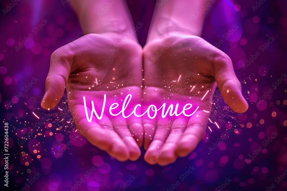 Poster luminous holographic welcome icon shining brilliantly, creating an immersive interactive display