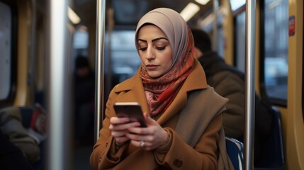 Mid adult woman is using a smartphone in public transportation