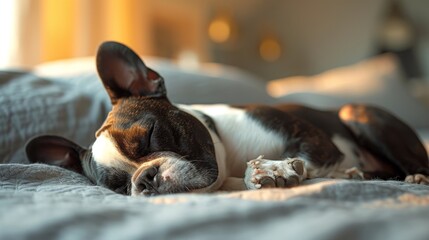 An adorable Boston Terrier dog sleeping on a bed in the sun. 