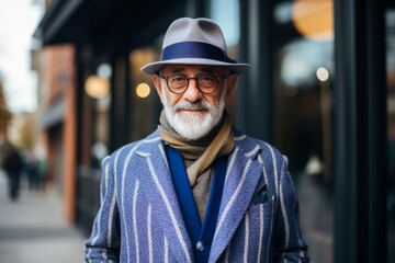 Portrait of senior man with hat and coat in the city.