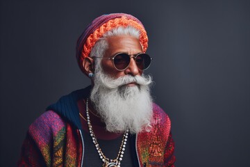 Portrait of a handsome Indian man with long white beard and mustache wearing stylish clothes and sunglasses.