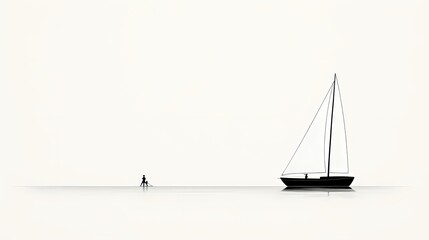 Minimalist black and white line drawing of a sailboat at sea, capturing the essence of nautical simplicity and elegance