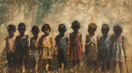 Naklejka premium Painting of a Group of Children Standing Together in a Classroom