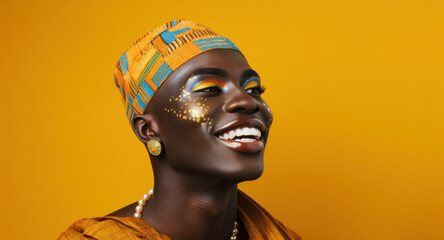 It is a vibrant portrait of a smiling man with colorful makeup and a headscarf against a bright yellow background, exuding happiness and confidence.