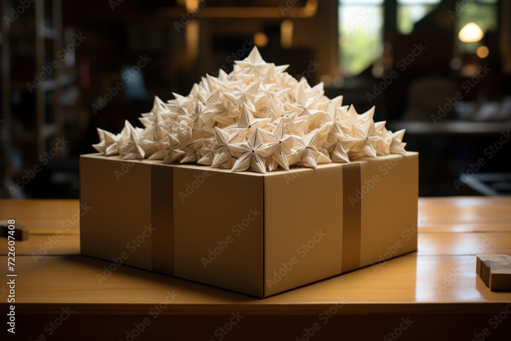 Poster a plain cardboard box unveiling a collection of intricately crafted origami, surprising with the art
