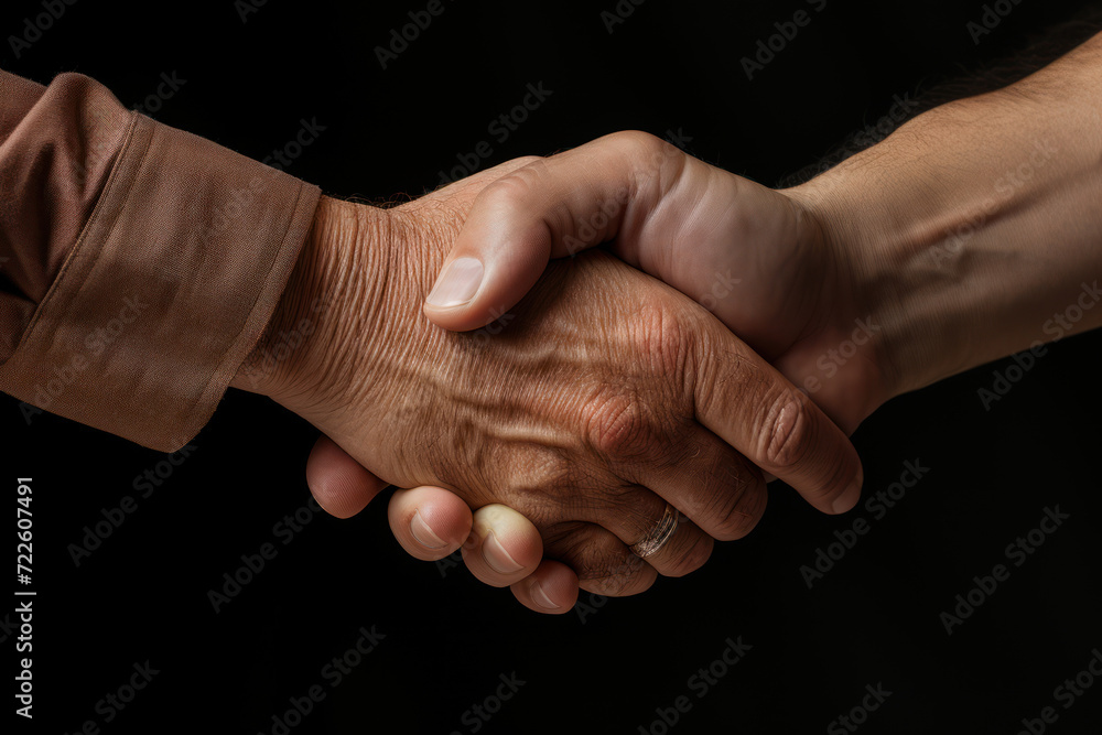 Poster a simple handshake turning into an unexpected hug, expressing warmth and connection in an unanticipa