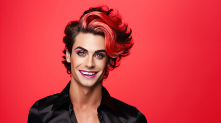A stylish person with vibrant hair and makeup smiles confidently against a vivid red background, exuding charisma and an unconventional fashion sense. ​pride, ​ ​diversity, ​equality, LGBT