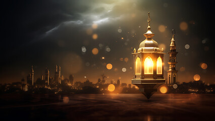 Muslim template, mosque background with city lights, photography, Ramadan, Eid al-Fitr, Eid al-Adha and Muharram greeting cards.