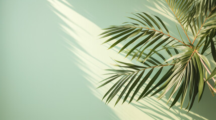 palm leaves with shadow on green background with copy space for design element
