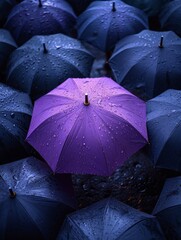 A purple umbrella in the middle of a lot of black and blue umbrellas. 