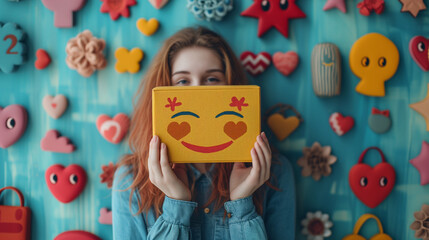 Woman Holding Up Box With Smiley Face, Expressing Joy