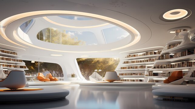 Modern space age library with floating bookshelves, interactive reading pods, and a celestial ceiling, creating a futuristic intellectual retreat
