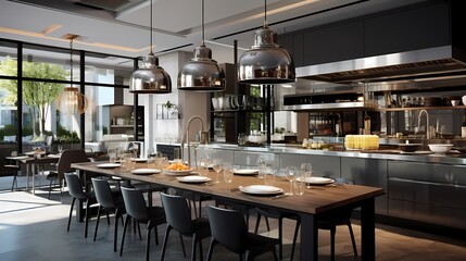Fototapeta na wymiar Modern urban bistro with sleek decor, pendant lighting, and an open kitchen concept