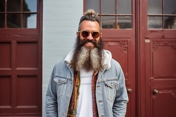 Portrait of a handsome man with long beard and mustache wearing jeans jacket and sunglasses