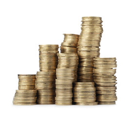 Many golden coins stacked on white background