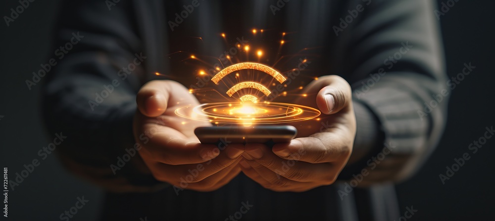 Poster interactive holographic wifi icon floating over mobile phone with copy space for text