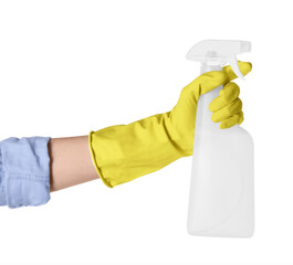 Woman holding plastic spray bottle with liquid isolated on white, closeup