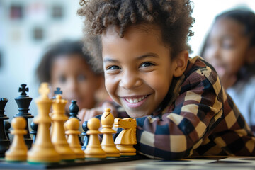 Children playing chess on chessboard game school activity
