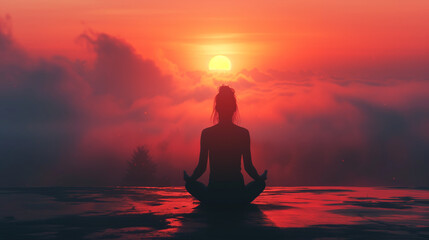 Fototapeta premium Person Sitting in the Middle of a Lake at Sunset