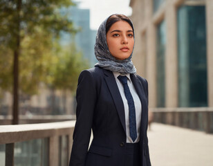 Arab woman businesswoman Wearing a Black Suit and hijab. A young professional muslim woman wearing a tailored black suit stands confidently.