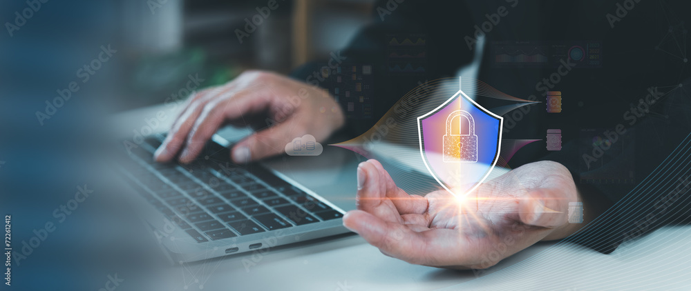Poster cybersecurity digital asset and data protection concept, businessman using laptop connecting to inte