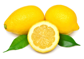 Lemon whole and half with leaf isolated on white background