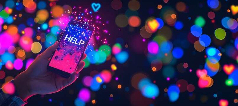 Holographic  help  text icon shining on mobile phone in hands   futuristic technology concept