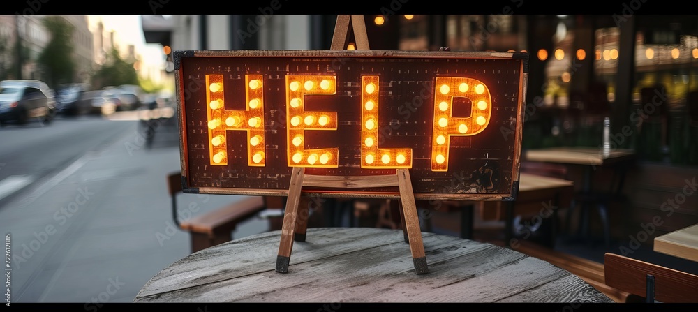 Poster interactive holographic shining text icon help floating in the air for assistance and support