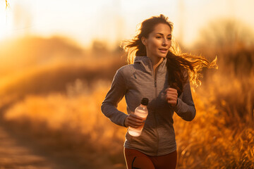 woman jogging outdoors during a golden sunset. They hold a water bottle in their hand. - obrazy, fototapety, plakaty