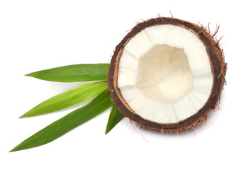 Coconuts half with leaf isolated on white background. Tropical fruit