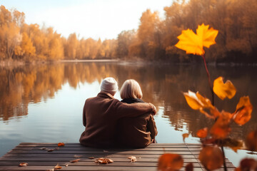 elderly couple sitting side by side on a wooden dock that extends into a calm lake. They are surrounded by trees adorned with golden autumn leaves - Powered by Adobe