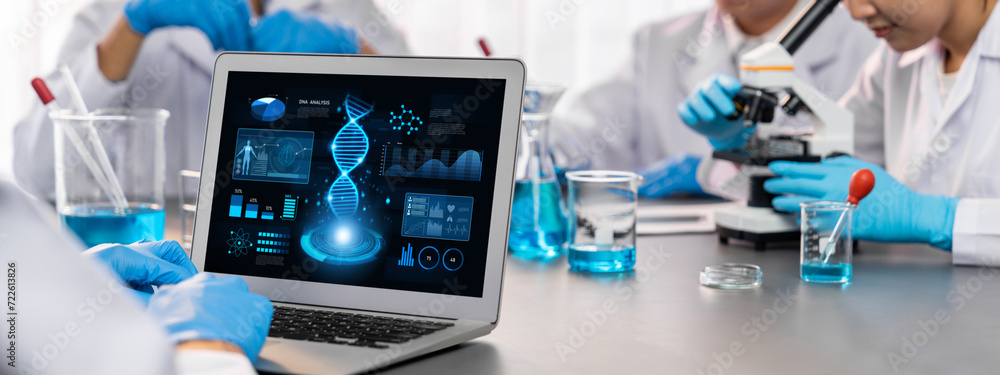 Poster dedicated scientist group working on advance biotechnology computer software to study or analyze dna
