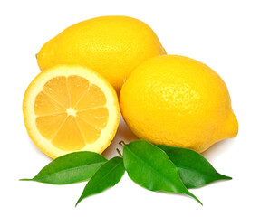 Collection lemon whole and half with leaves isolated on white background