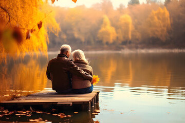 elderly couple sitting side by side on a wooden dock that extends into a calm lake. They are surrounded by trees adorned with golden autumn leaves - obrazy, fototapety, plakaty