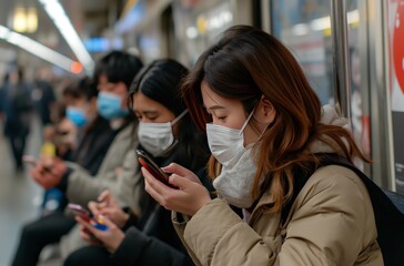 Commuters in masks on public transit