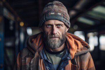 Portrait of a homeless man with a long gray beard and a gray beard in a plaid shirt on the background of a bus station