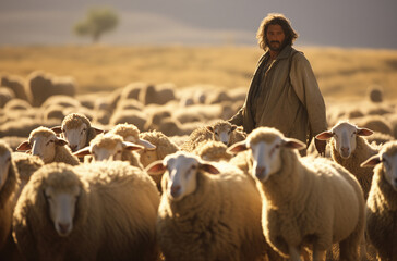 Shepherd with his flock at dusk