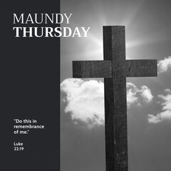 Fototapeta premium Composition of maundy thursday text over cross and sky with clouds