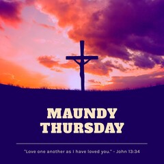 Composition of maundy thursday text over cross and sky with sun and clouds