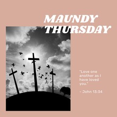 Composition of maundy thursday text over crosses, leaves and sky with sun and clouds