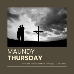 Composition of maundy thursday text over cross, family silhouettes and sky