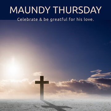 Fototapeta Composition of maundy thursday text over cross and sky with clouds