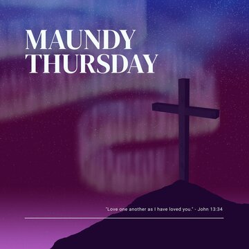 Fototapeta Composition of maundy thursday text over cross and sky with northern lights