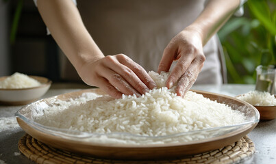 Hand preparing raw rice in homemade kitchen