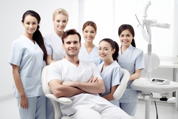 Fototapeta premium Group of dentist smiling while standing in dental clinic. Portrait of confident young dentist working. Generative AI.