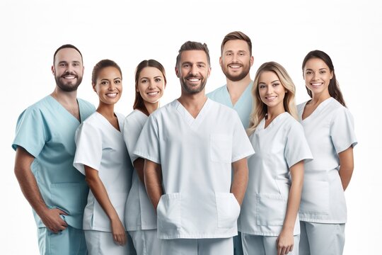 Group of dentist smiling while standing in dental clinic. Portrait of confident young dentist working. Generative AI.