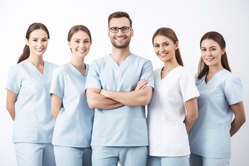 Fototapeta premium Group shot of beauty face staff in white medical lab coat, white background. Generative AI.