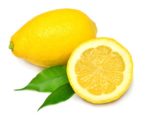 Collection lemon whole and slice with leaves isolated on white background