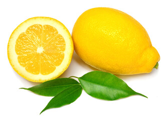 Collection lemon whole and slice with leaves isolated on white background