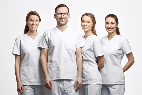 Group shot of beauty face staff in white medical lab coat, white background. Generative AI.